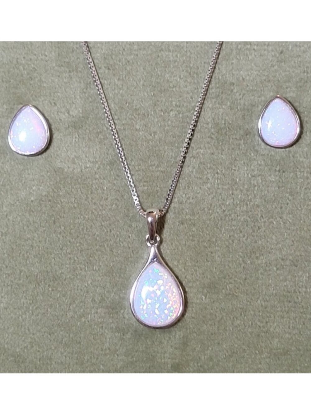 925 Sterling Silver Created Opal Teardrop Necklace Earrings Set NWT